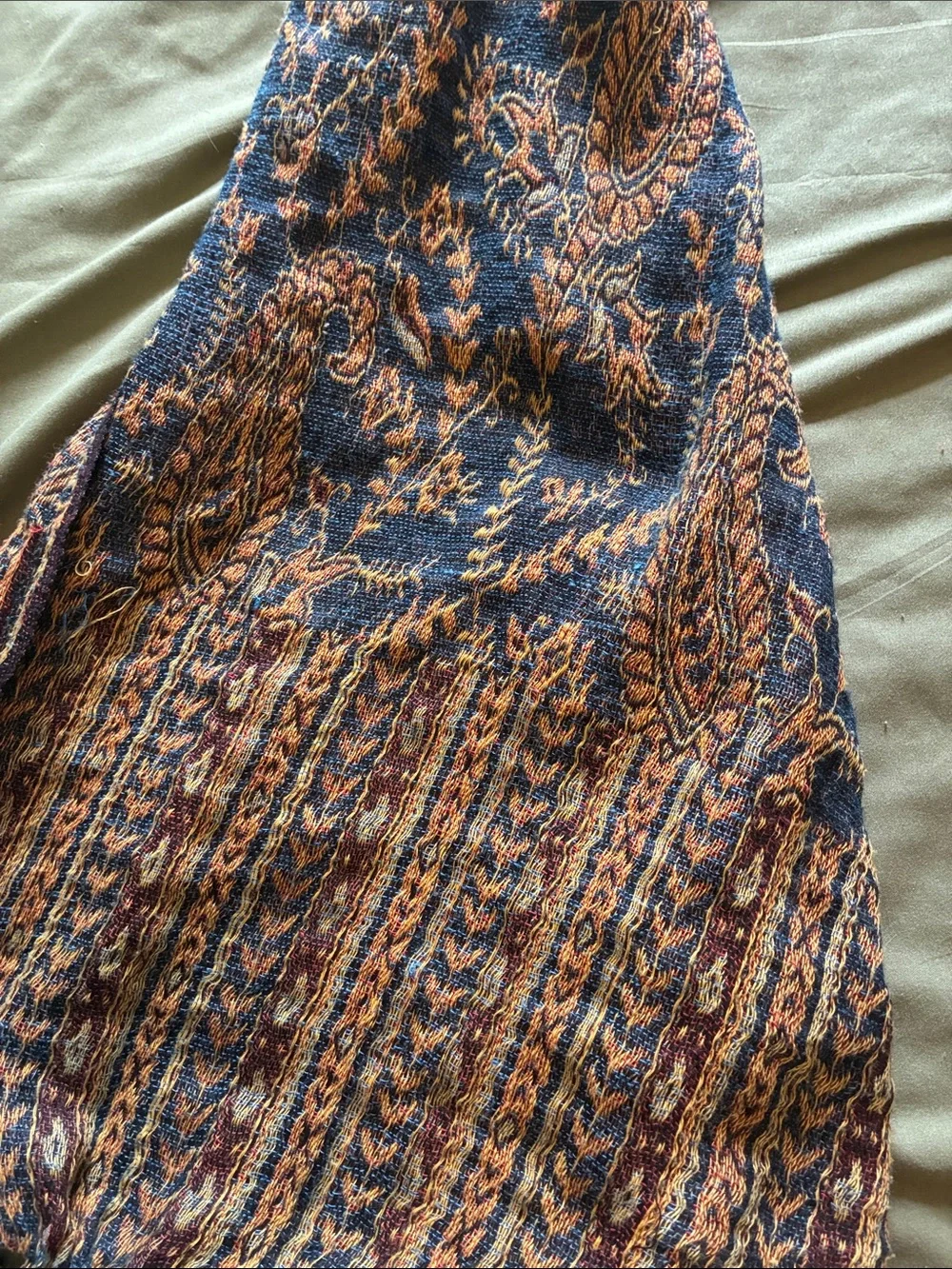 Paisley Knit Fringe Scarf - Navy & Rust